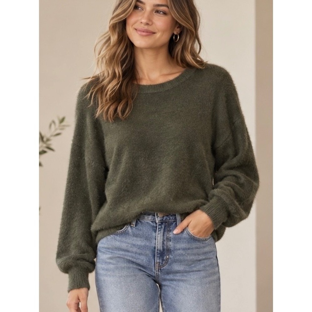 Express Olive Green Eyelash Knit Sweater Medium Fuzzy Crewneck Long Sleeve